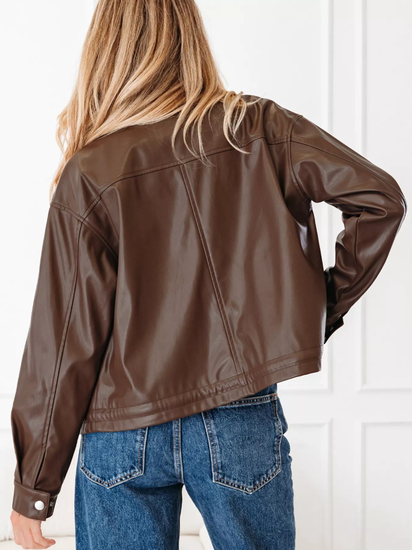 Trendsi Double Flap Pocket Drawstring Hem Leather Jacket -