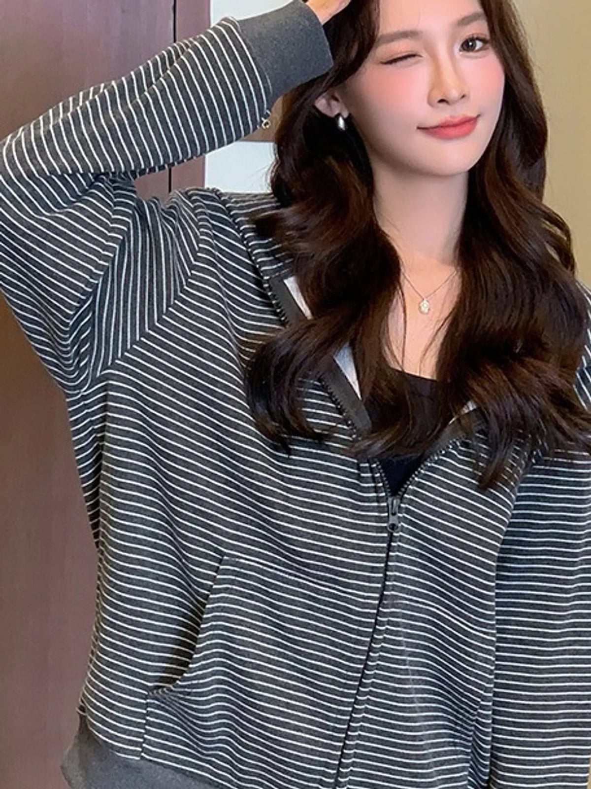 Charcoal and white striped zip-up hoodie