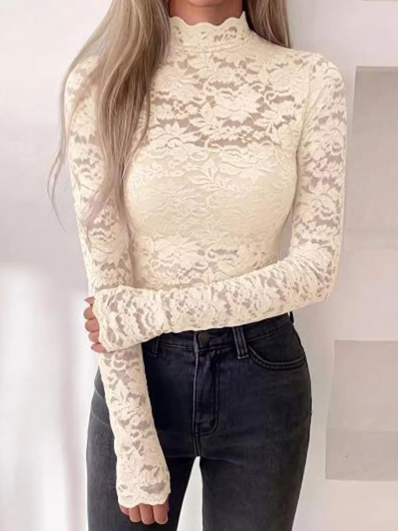 Trendsi Lace Mock Neck Long Sleeve Top -