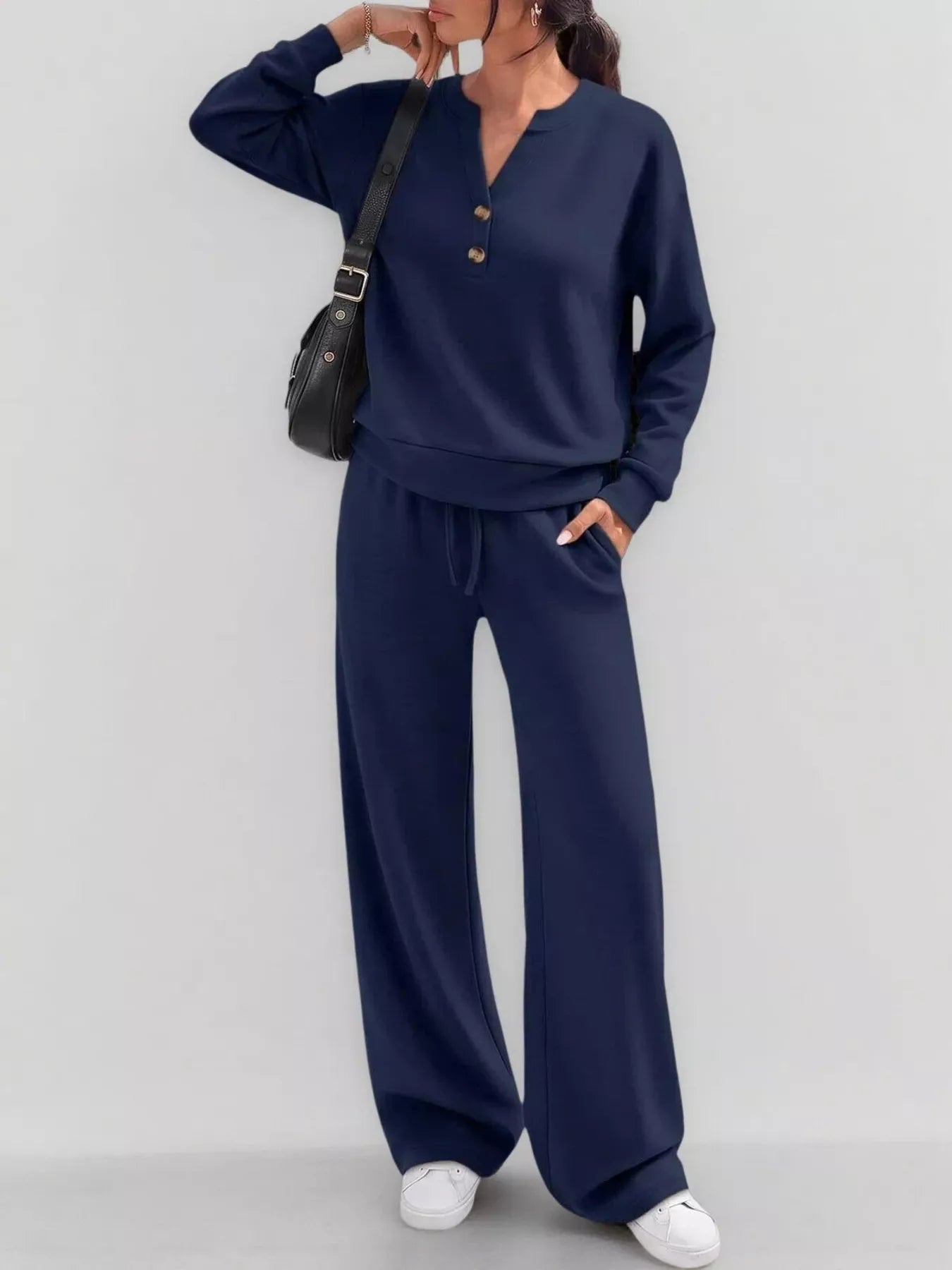 Button-detail dropped-shoulder top and pants set