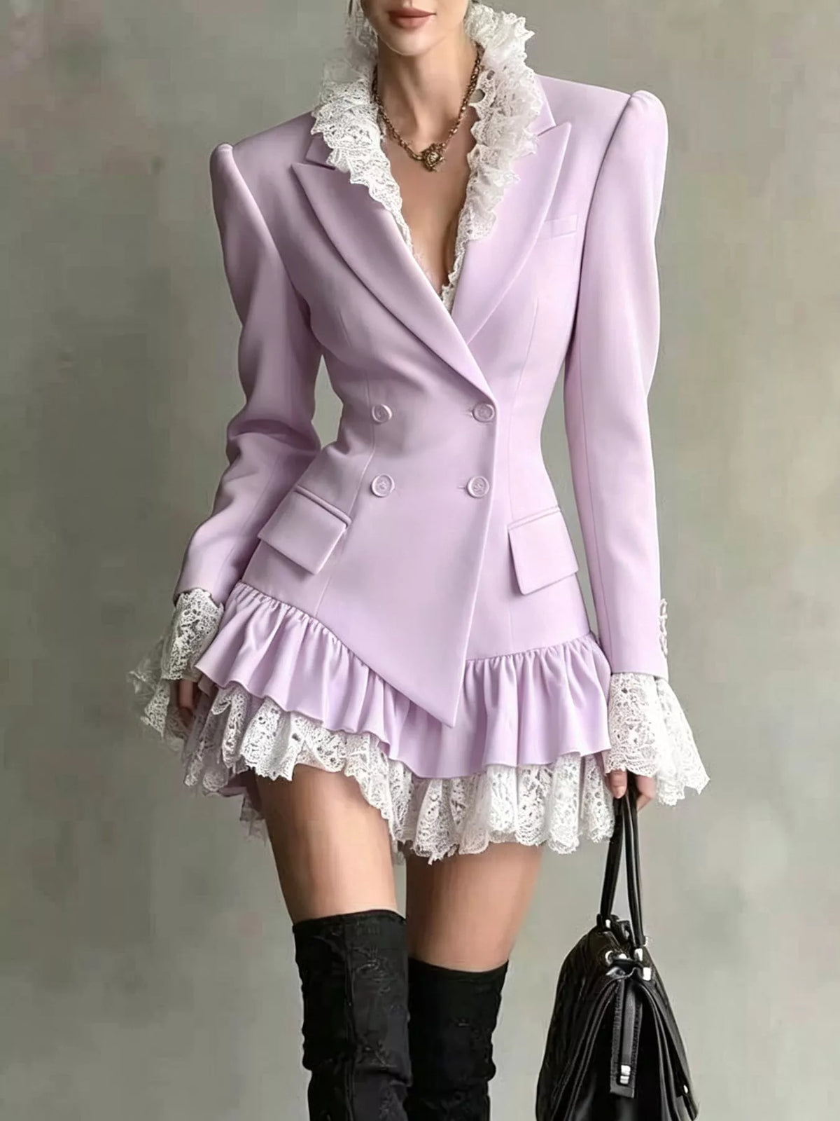 Collared long sleeve mini dress, front view on model