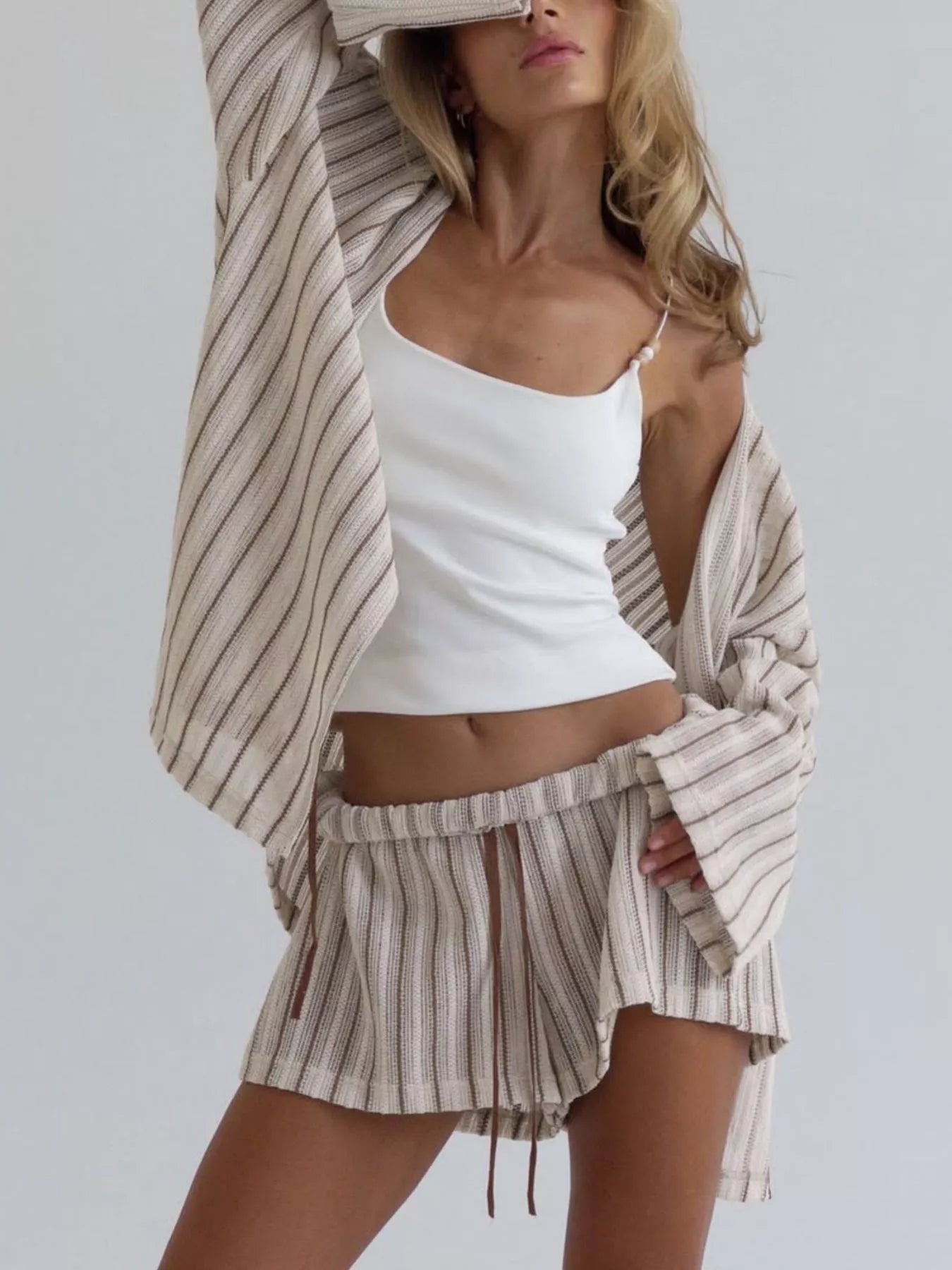Trendsi Striped Tie Front Top and Shorts Lounge Set -