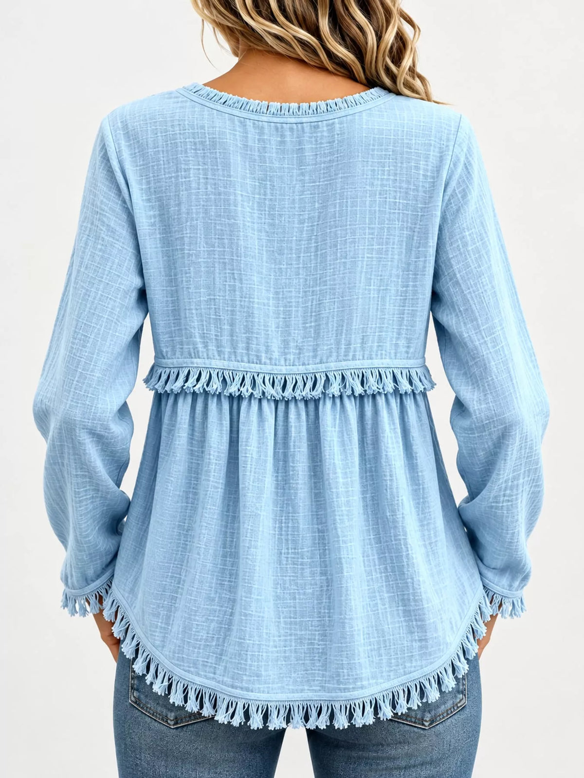 Fringe-trim blouse, light blue back