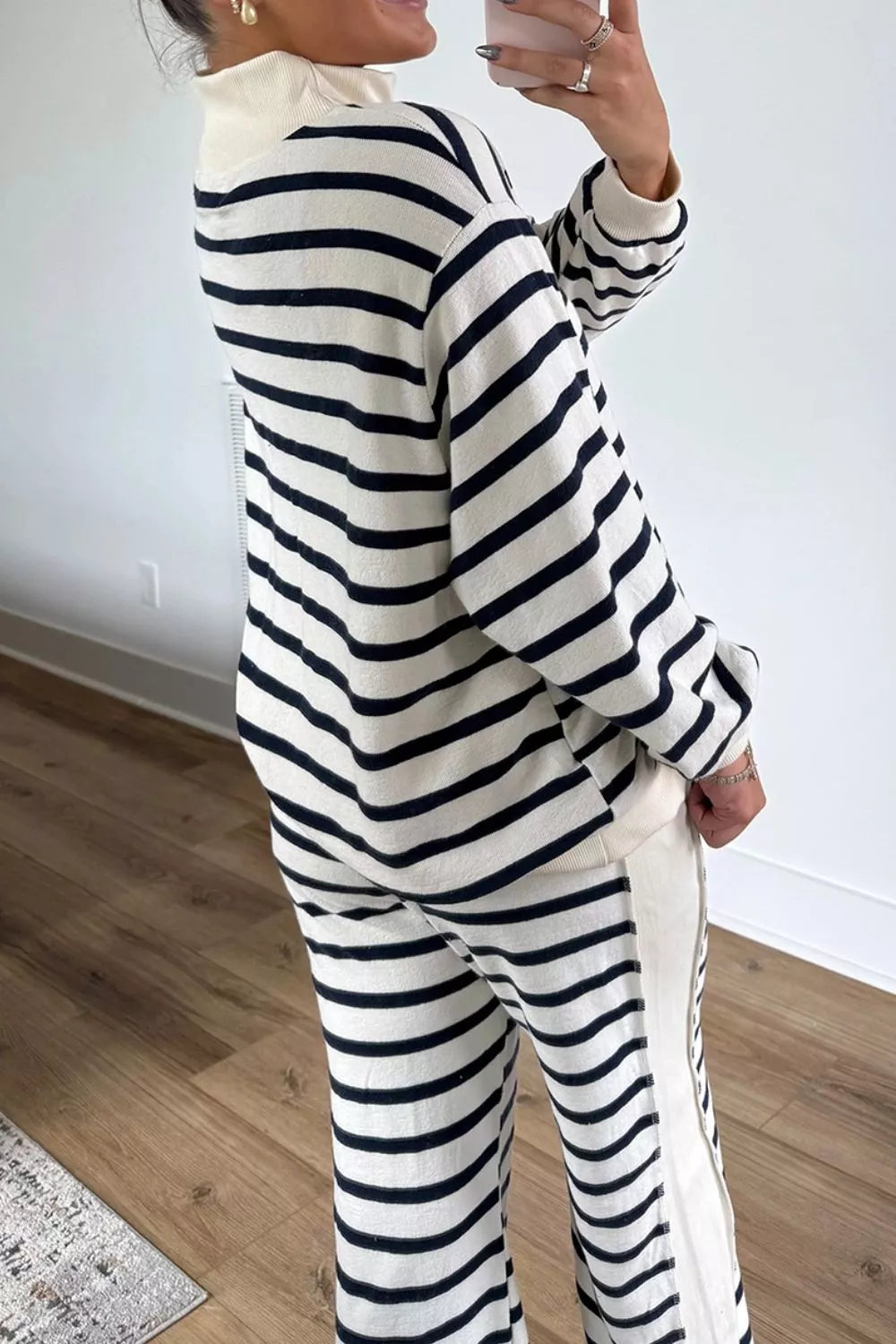 Women's Striped Long Sleeve Top and Wide-Leg Pants Set in White, full-length view