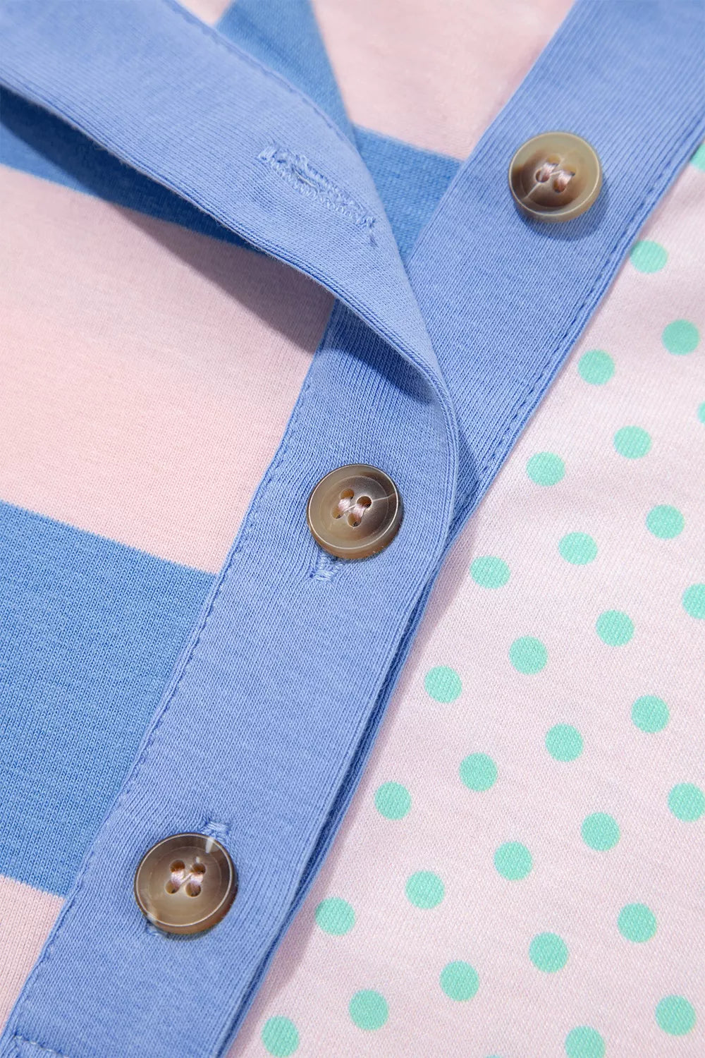 Striped Polka Dot Long Sleeve Polo Top, button detail