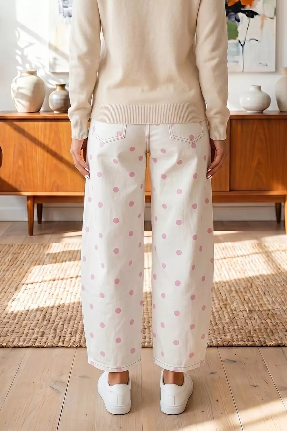 White with pink dots polka-dot cropped jeans, back view