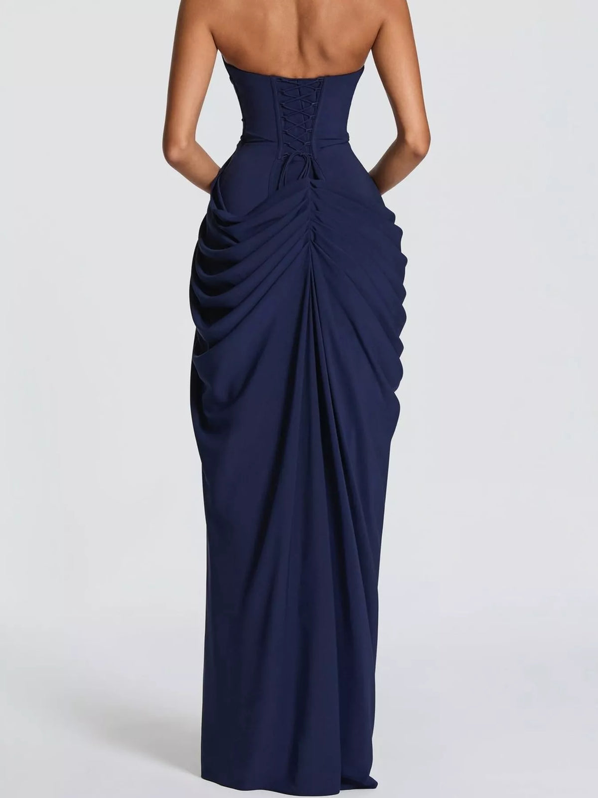 Dark Blue strapless ruched high-slit evening dress, back view