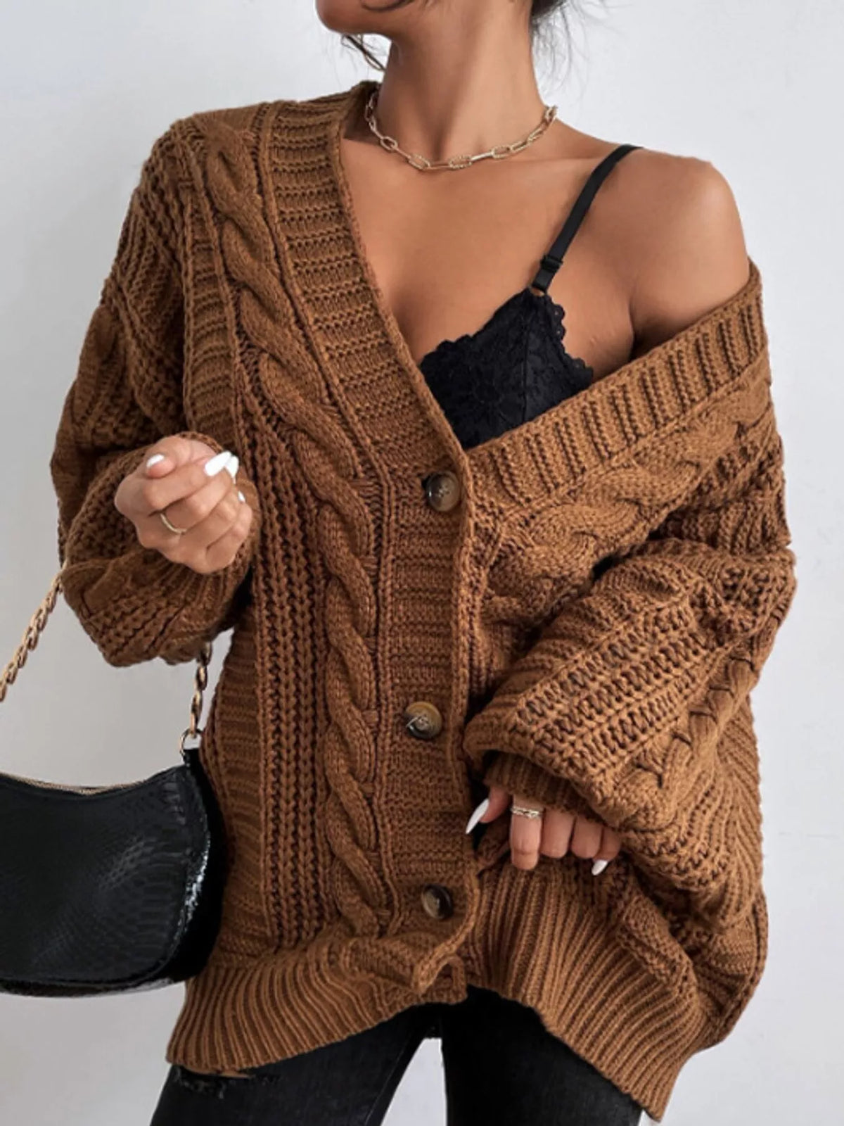 Brown cable knit button-down cardigan