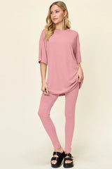 Trendsi Double Take Full Size Round Neck Dropped Shoulder T-Shirt and Leggings Set -