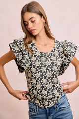 Trendsi BiBi Floral Jacquard Ruffle Sleeves Knit Top -
