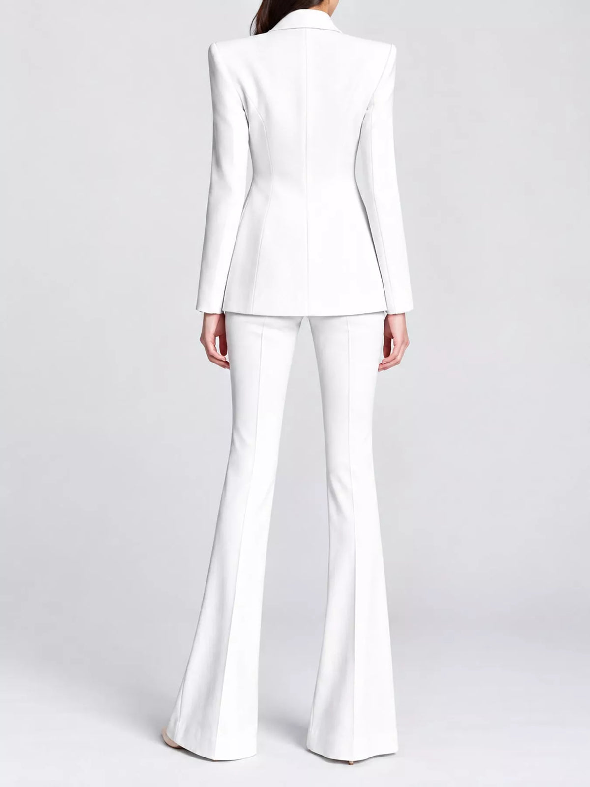 White one-button blazer and flared pants set