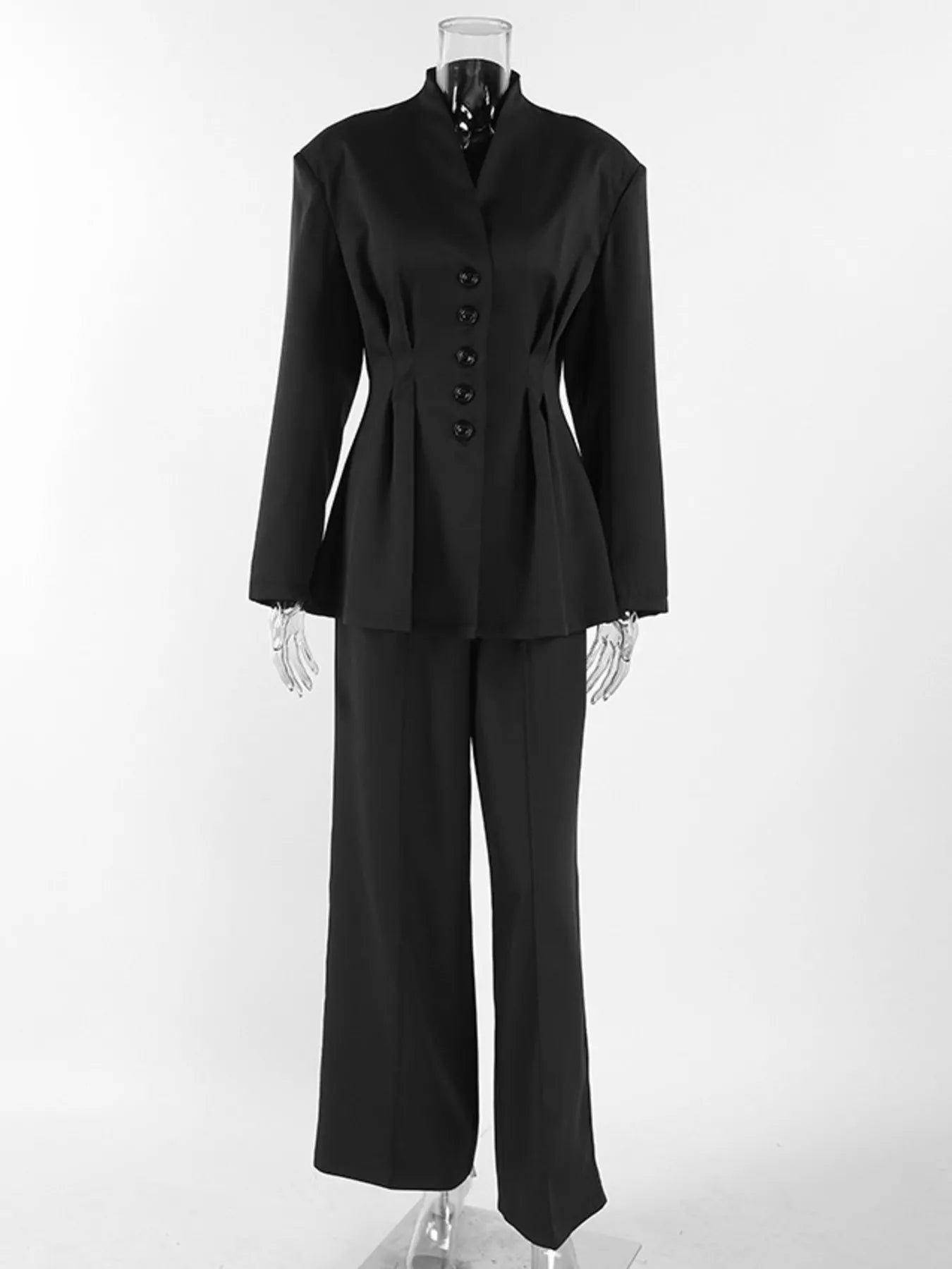 Trendsi Chic Button Down Pleated Blazer and Wide-Leg Pants Suit Set - Outerwear