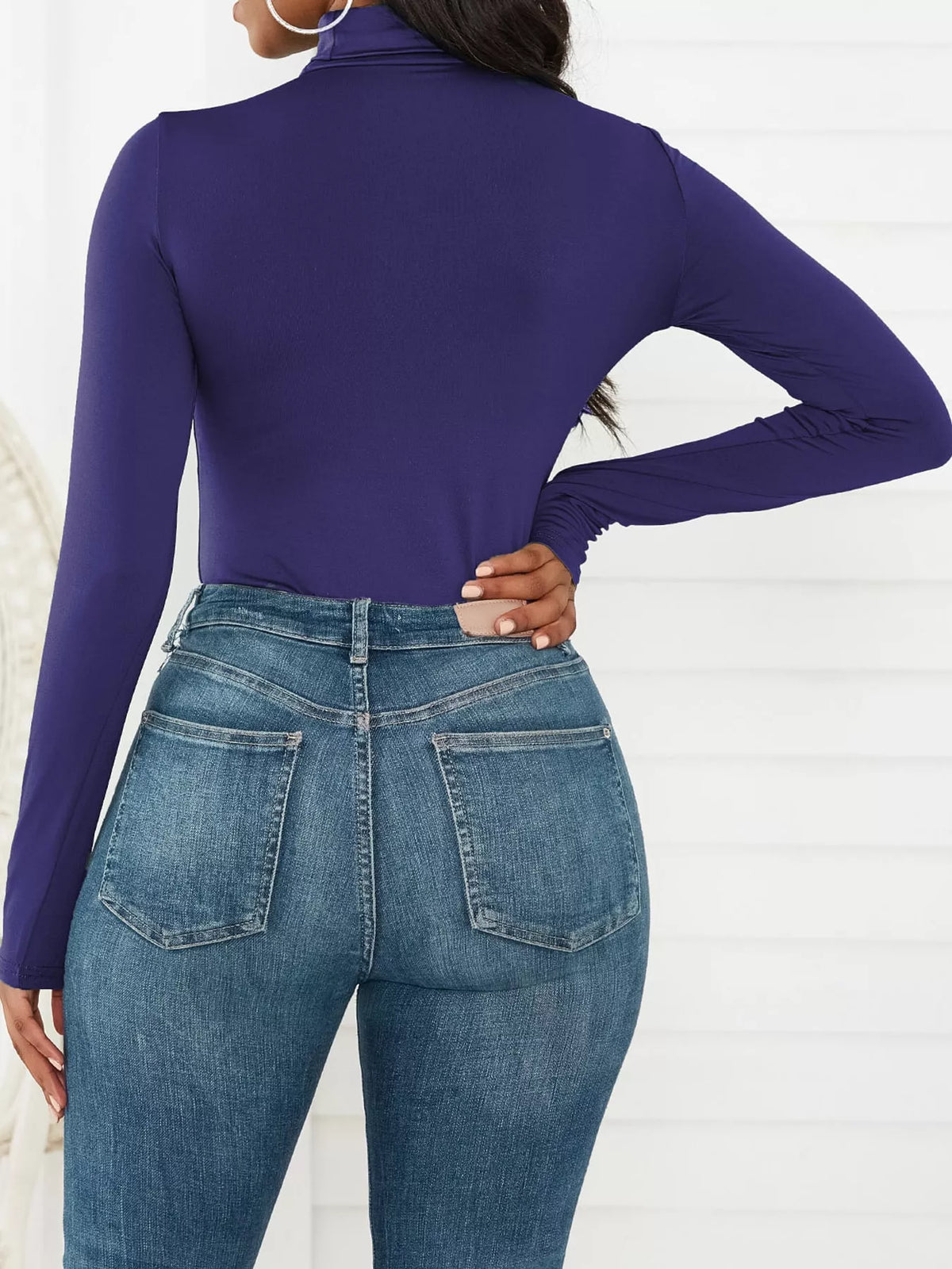 Long Sleeve Turtleneck Slim-Fit Bodysuit, back view in dark purple