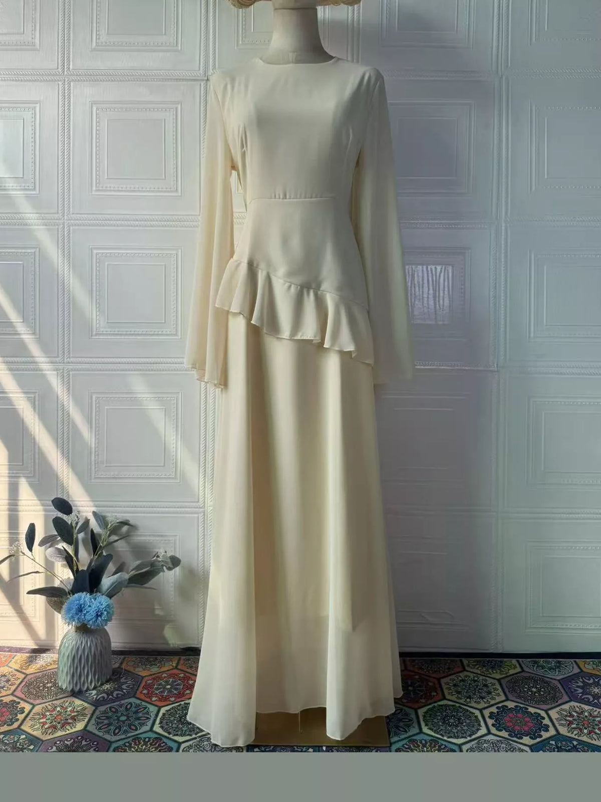 Ivory ruffled flare sleeve maxi dress, front view
