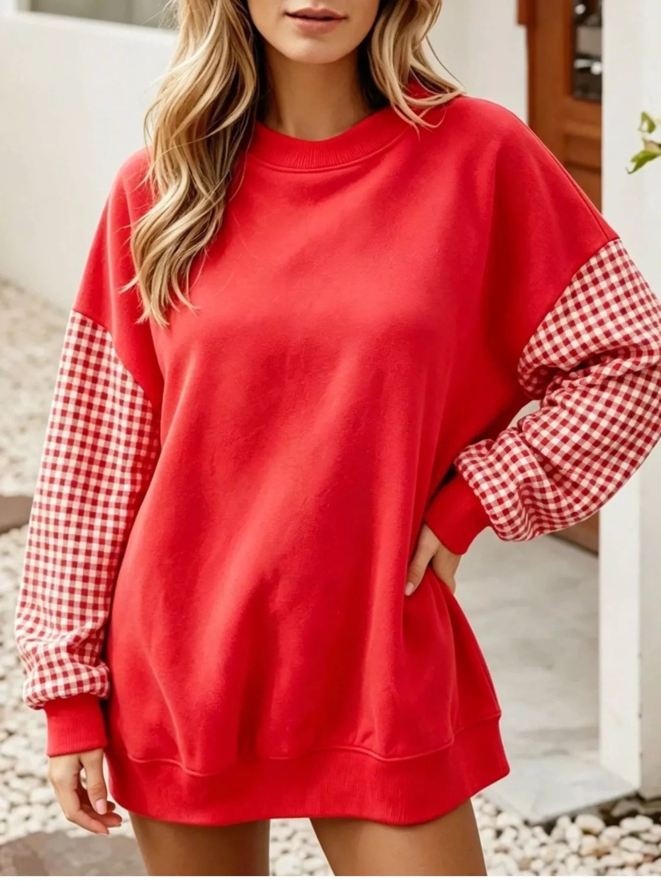 Trendsi Contrast Gingham Long Sleeve Sweatshirt -