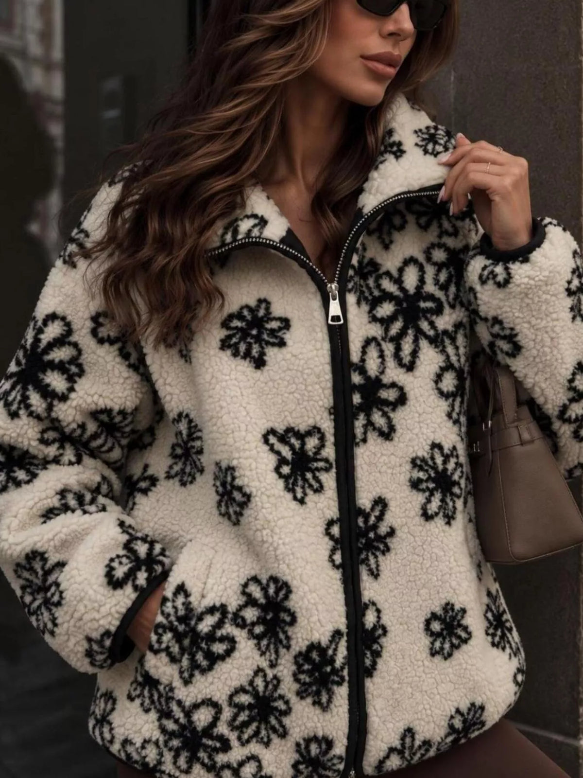 White floral print sherpa zip-up outerwear