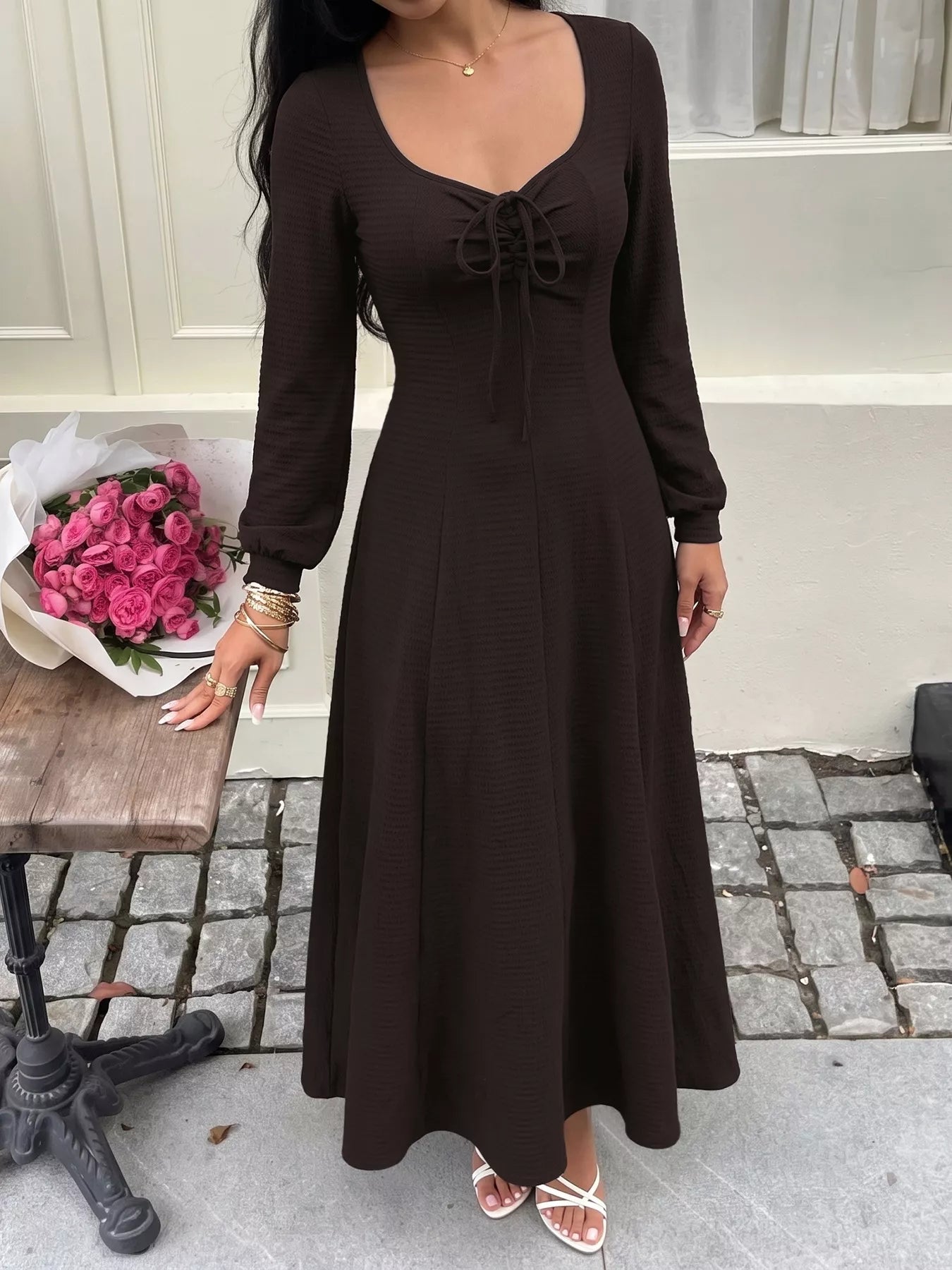 Trendsi Long Sleeve Tie-Front Maxi Dress -