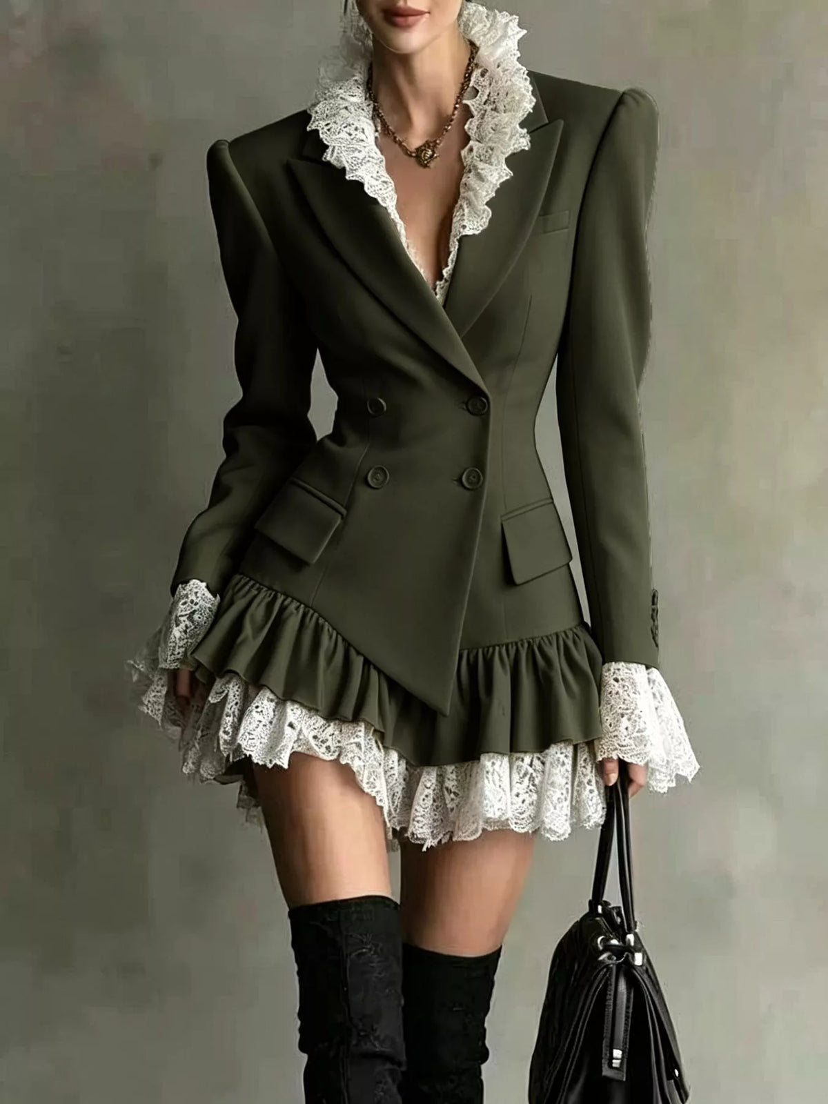 Army green lace trim blazer dress, front view