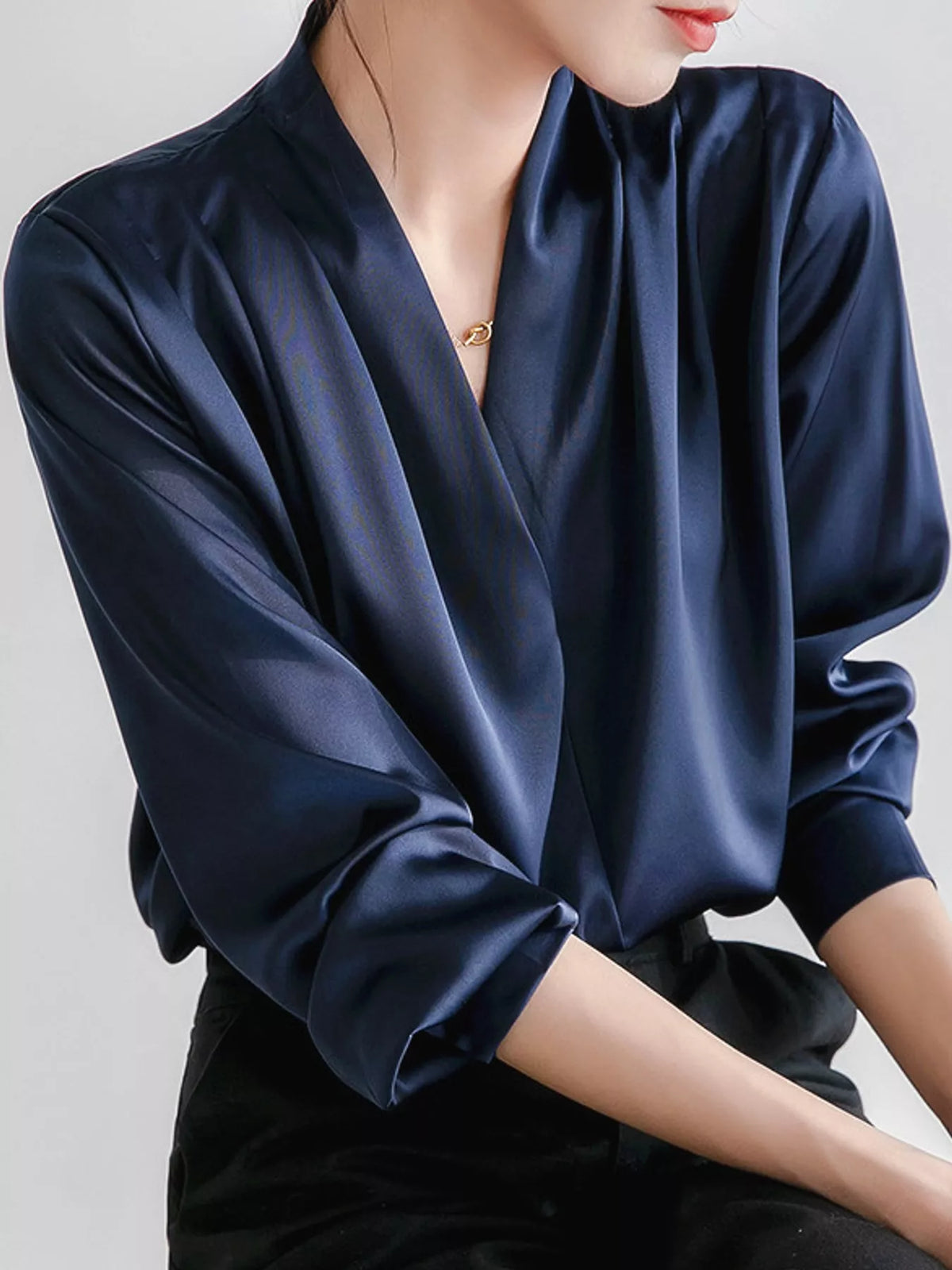 Women's V-Neck Pleated Shoulder Satin Blouse in navy — front view