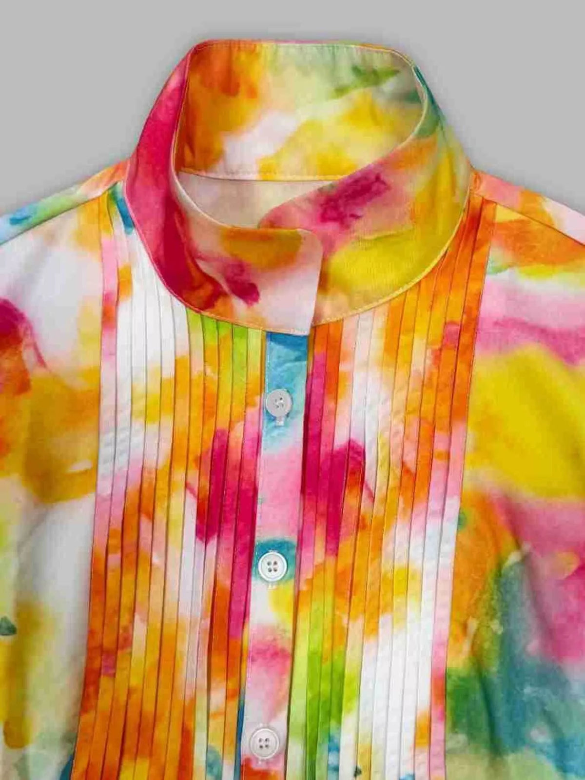 Watercolor Print Long-Sleeve Button-Down Maxi Dress in multicolor, collar detail