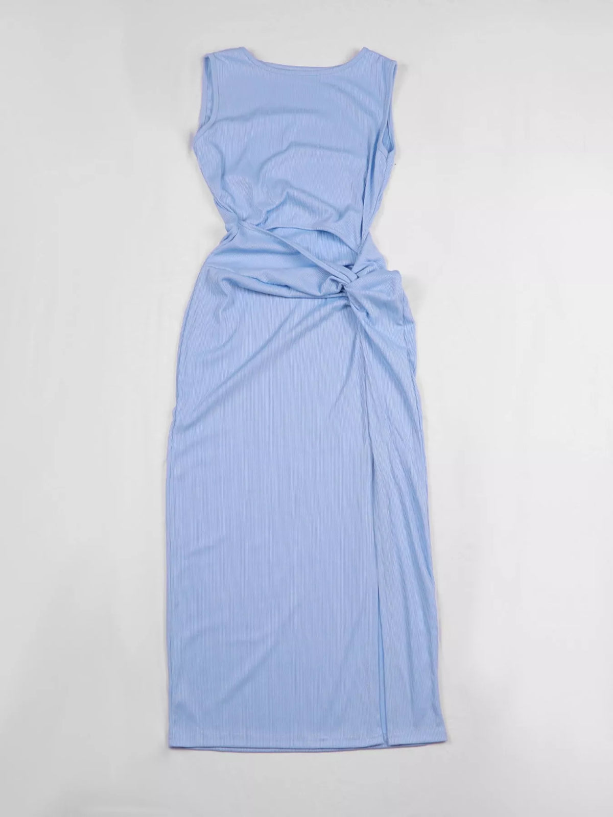 Women's Sleeveless Cut-Out Ruched High-Slit Bodycon Dress in light blue — flat lay view