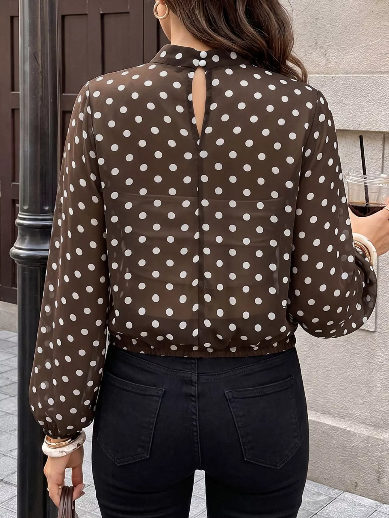 Trendsi Polka Dot Mock Neck Long Sleeve Blouse -