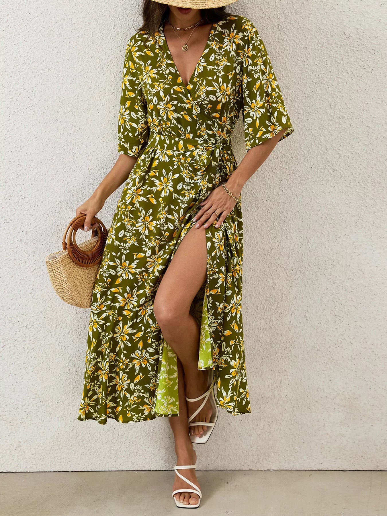Trendsi Slit Printed Surplice Midi Dress -