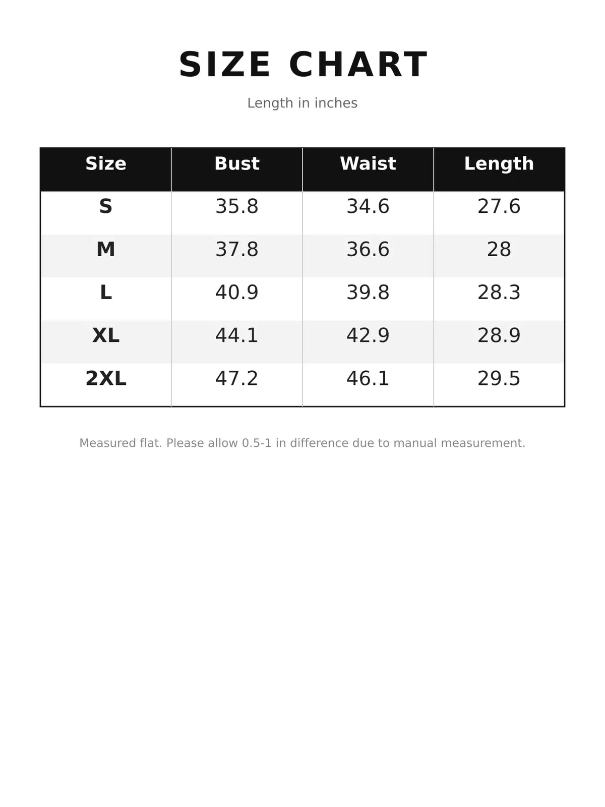 Size chart for v-neck loose fit tank top