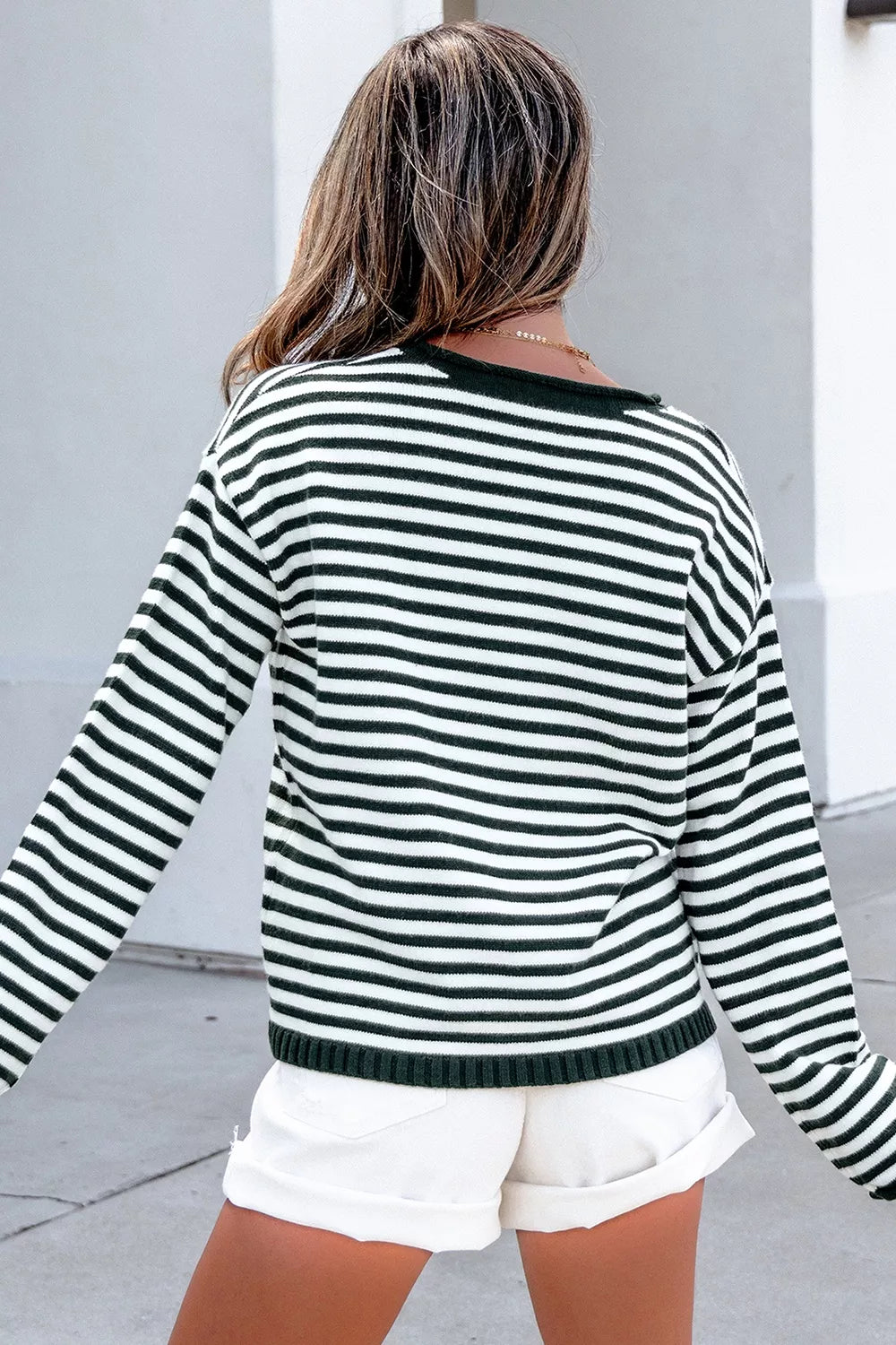 Trendsi Striped Button Placket Drop Shoulder Long Sleeve Sweater -