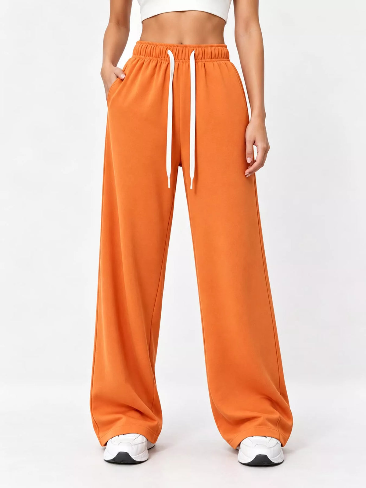 Orange wide-leg pants with drawstring
