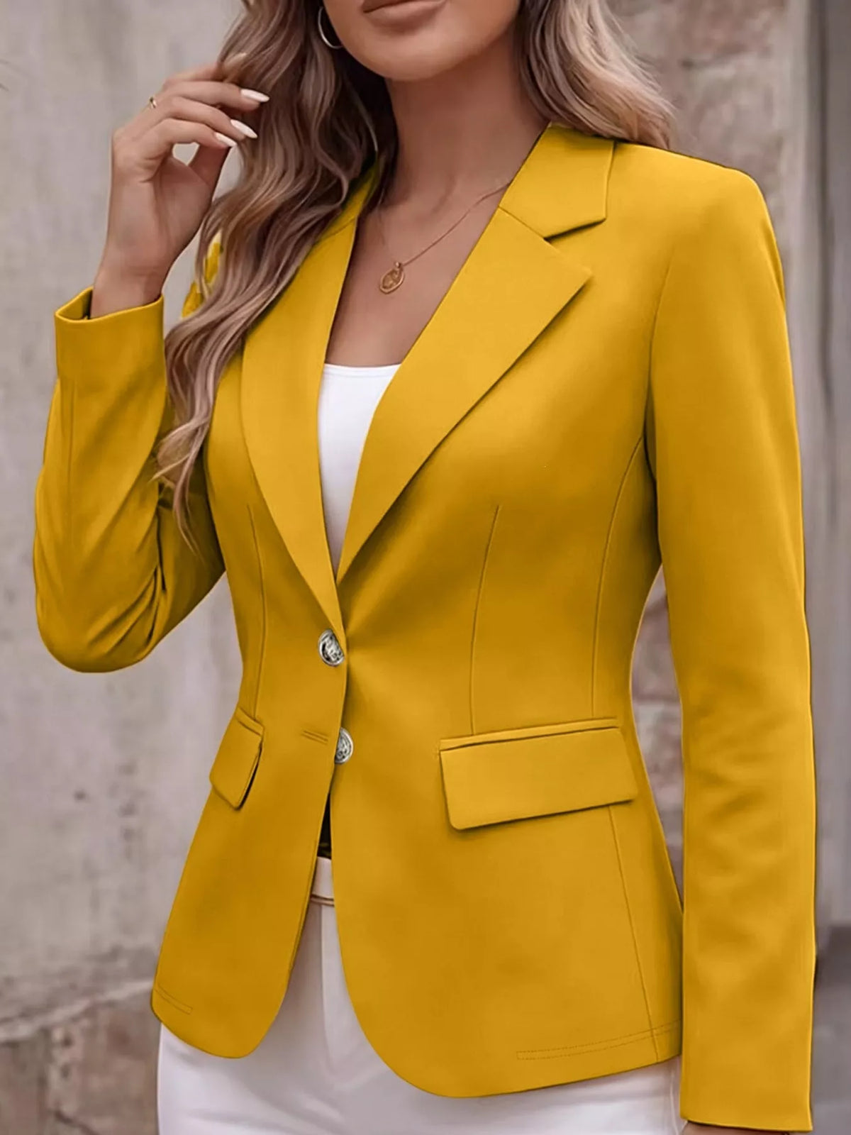 Collared long sleeve blazer, front view on model
