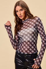 Trendsi SO ME Plaid Mesh Knit Long Sleeve Top with Thumb Opening -