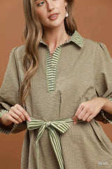 Trendsi Umgee Striped Contrast Belted Puff Sleeve Mini Dress -
