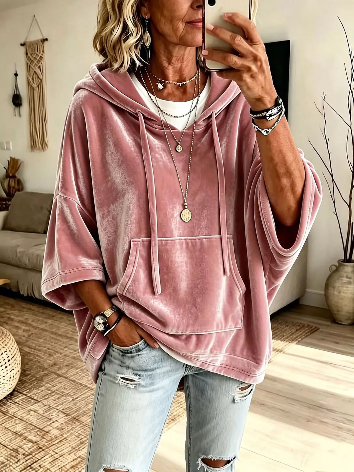 Pink velvet kangaroo pocket drawstring hoodie