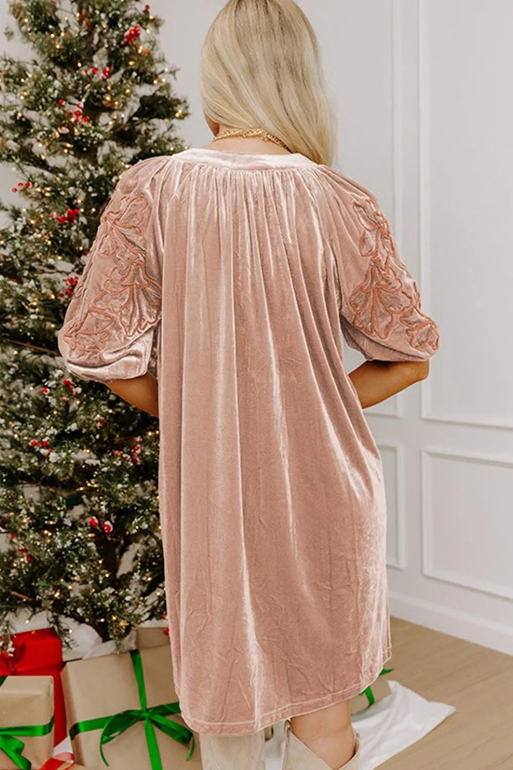 Trendsi Embroidered‑Sleeve Velvet Mini Shift Dress -