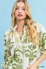 Trendsi Umgee Leafy Damask Print Blouse with Contrast Scalloped Trim Detail -