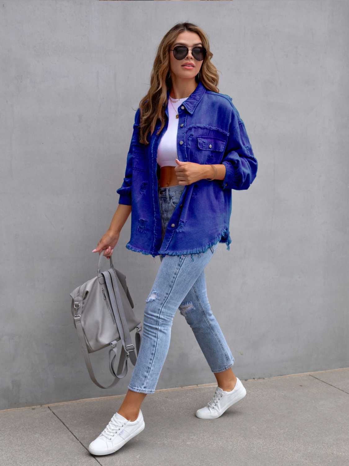 Trendsi Distressed Drop Shoulder Denim Jacket -