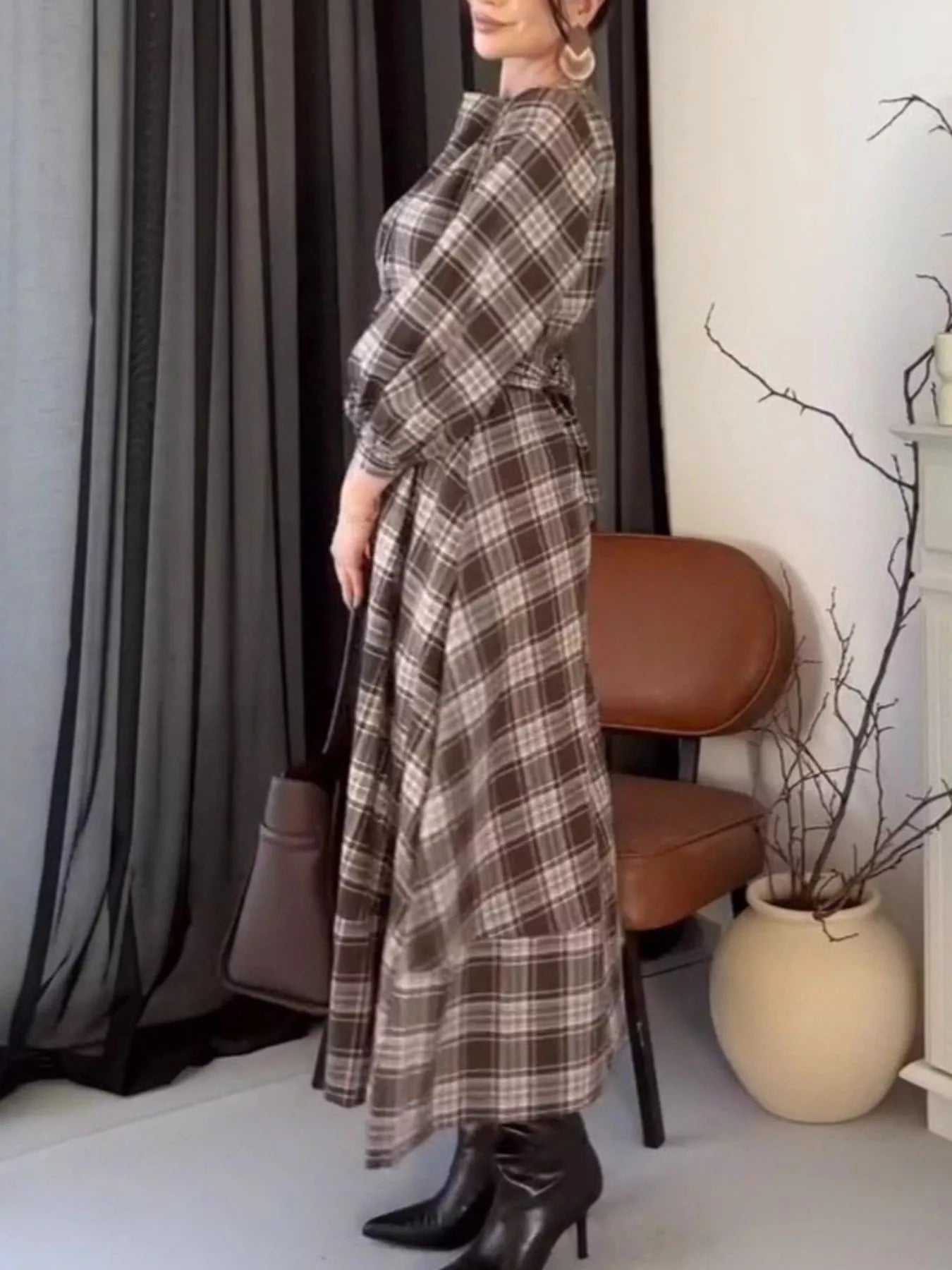 Trendsi Vintage Plaid Puff Sleeve Midi Dress -