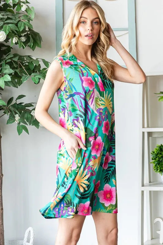 Trendsi Heimish Full Size Floral Johnny Collar Sleeveless Dress Plus Size - Dresses