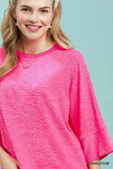 Trendsi Round Neck Textured Floral Terry Blouse - Clothing Tops
