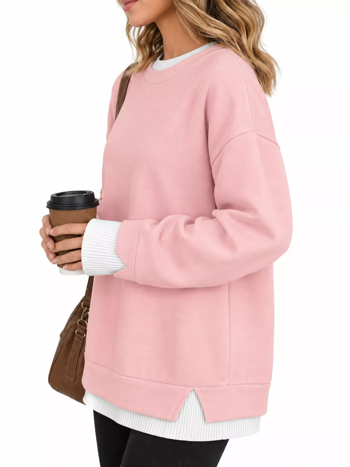 Layered Look Crew Neck Sweatshirt in pink, side view