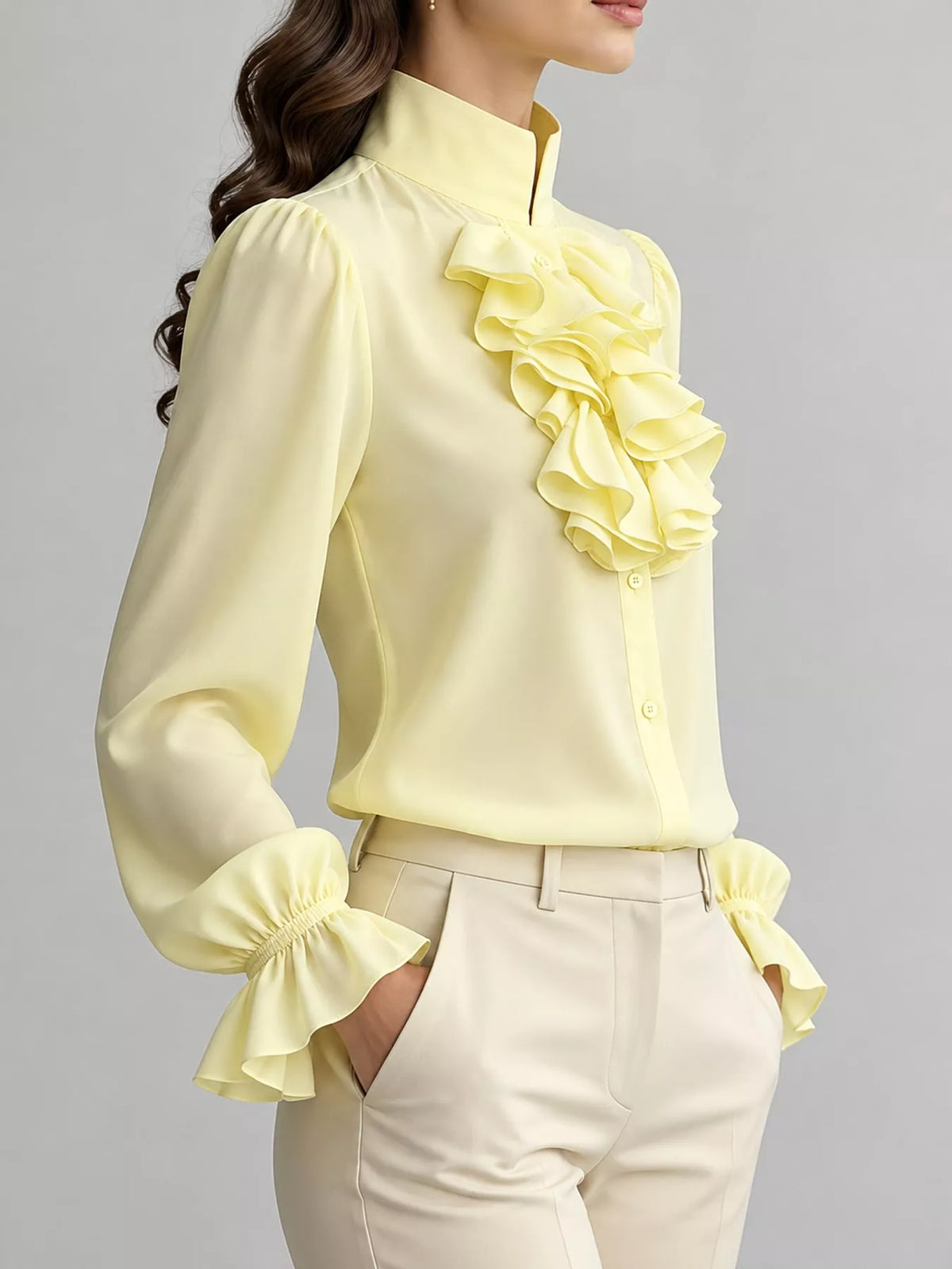 Ruffled Stand-Collar Blouse with Long Lantern Sleeves, side view