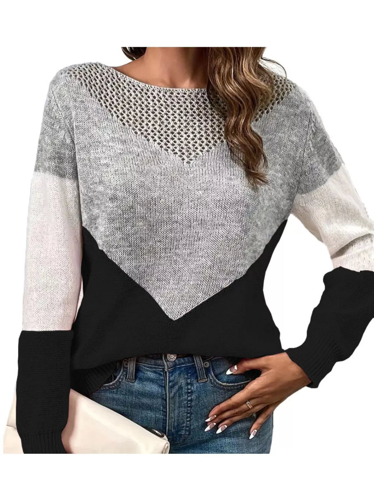 Women's Openwork Color Block Long Sleeve Sweater in Dark Brown, alternate view
