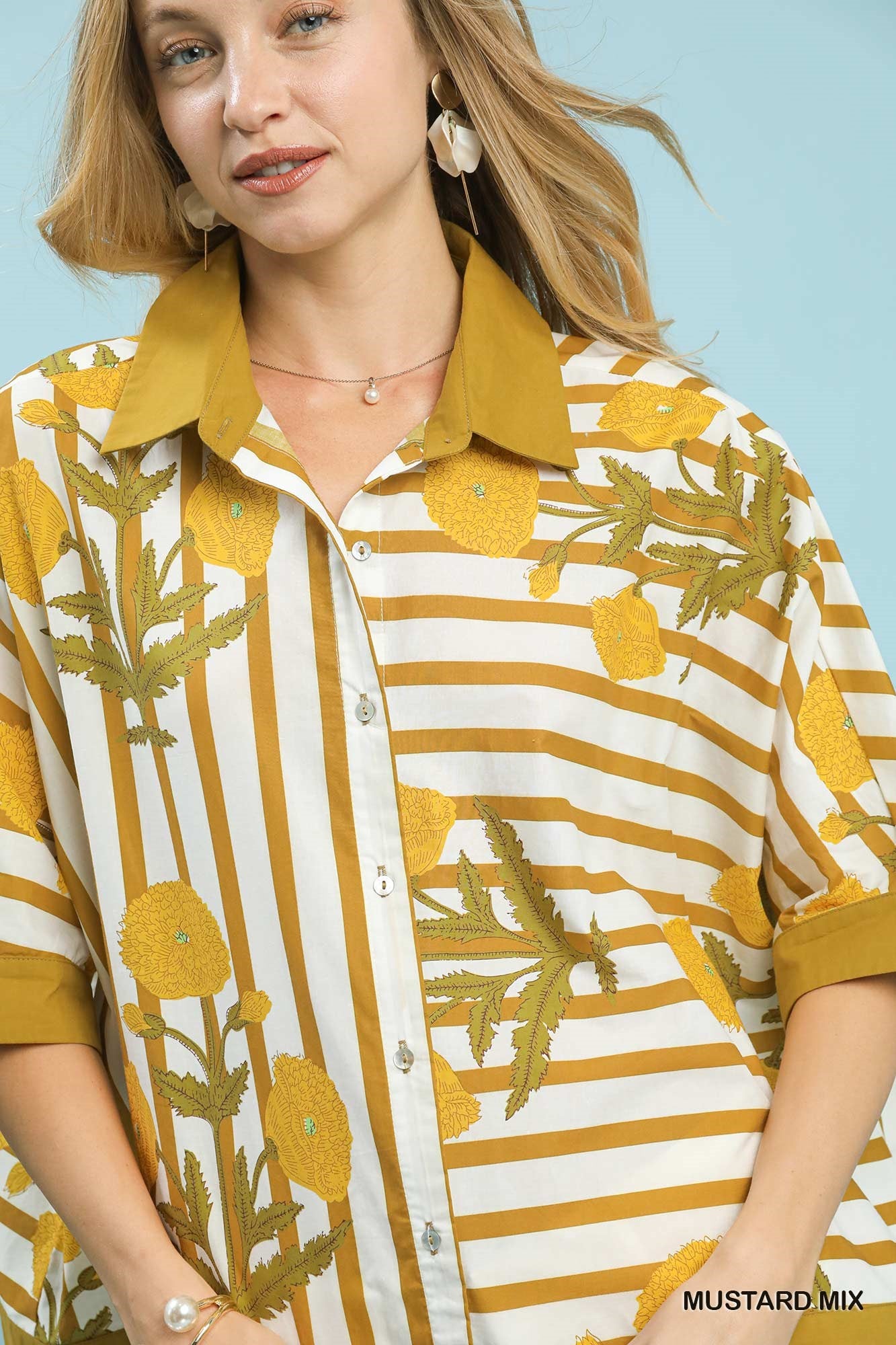 Women's Floral Stripe 100% Cotton Button-Down Shirt — product view 5