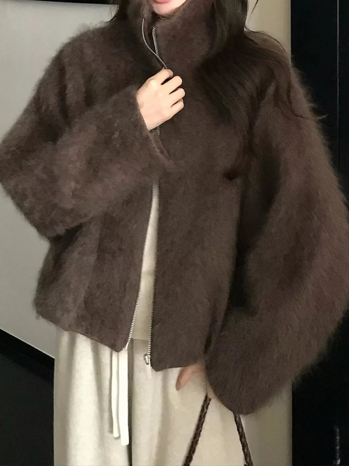 Fuzzy Zip-Up Stand Collar Jacket in dark brown