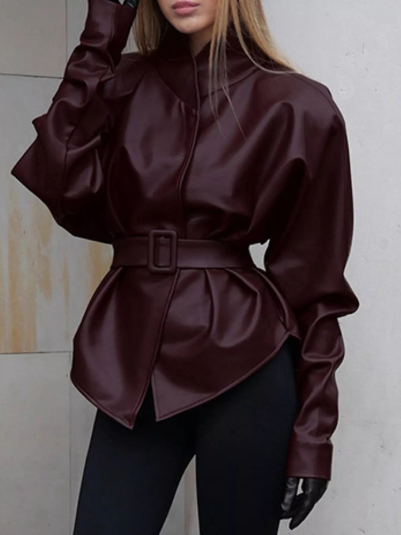 Trendsi Stand Collar Belted Faux Leather Jacket -