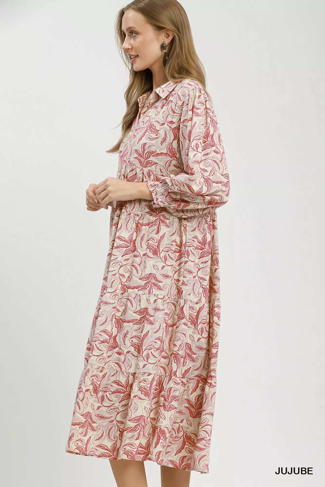 Trendsi Umgee Linen Botanical Print Tiered Midi Dress -