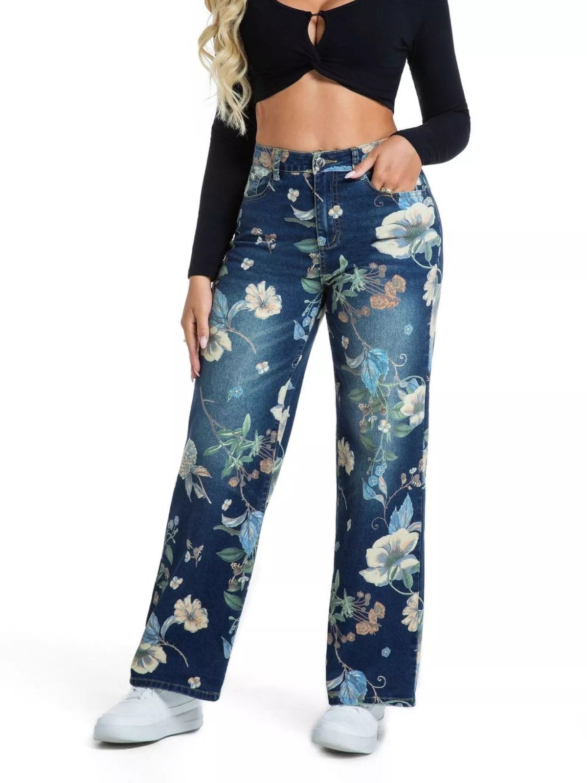 High-Waisted Floral Print Wide-Leg Jeans, front view