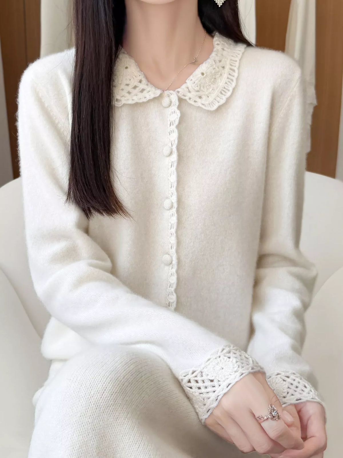 Lace-collar cardigan, white seated view