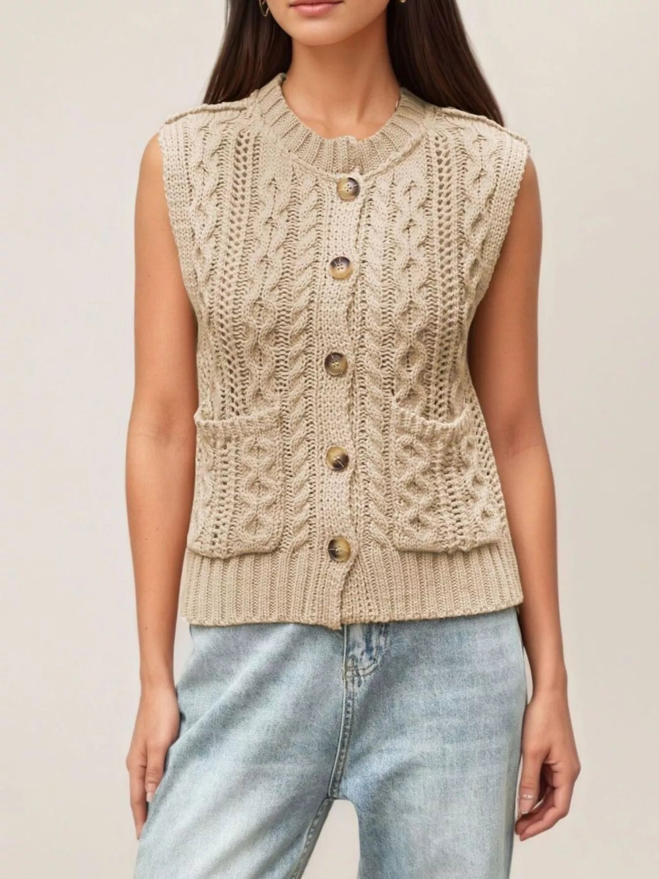 Trendsi Cable-Knit Button-Down Sweater Vest -